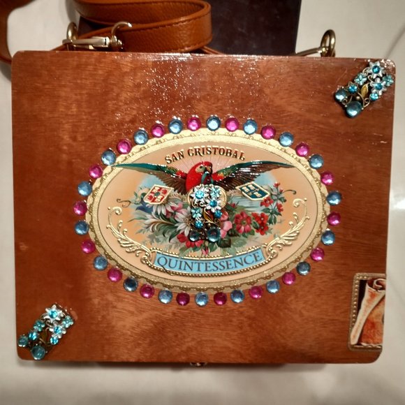 Suenos de Saundra Upcycled Pink/Turquoise Gem Upcycled Cigar Box Purse - Picture 6 of 13
